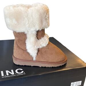NEW INC Witty Faux Suede Fur BOOTS Little Girls 12 SHOES Chestnut Brown Cream